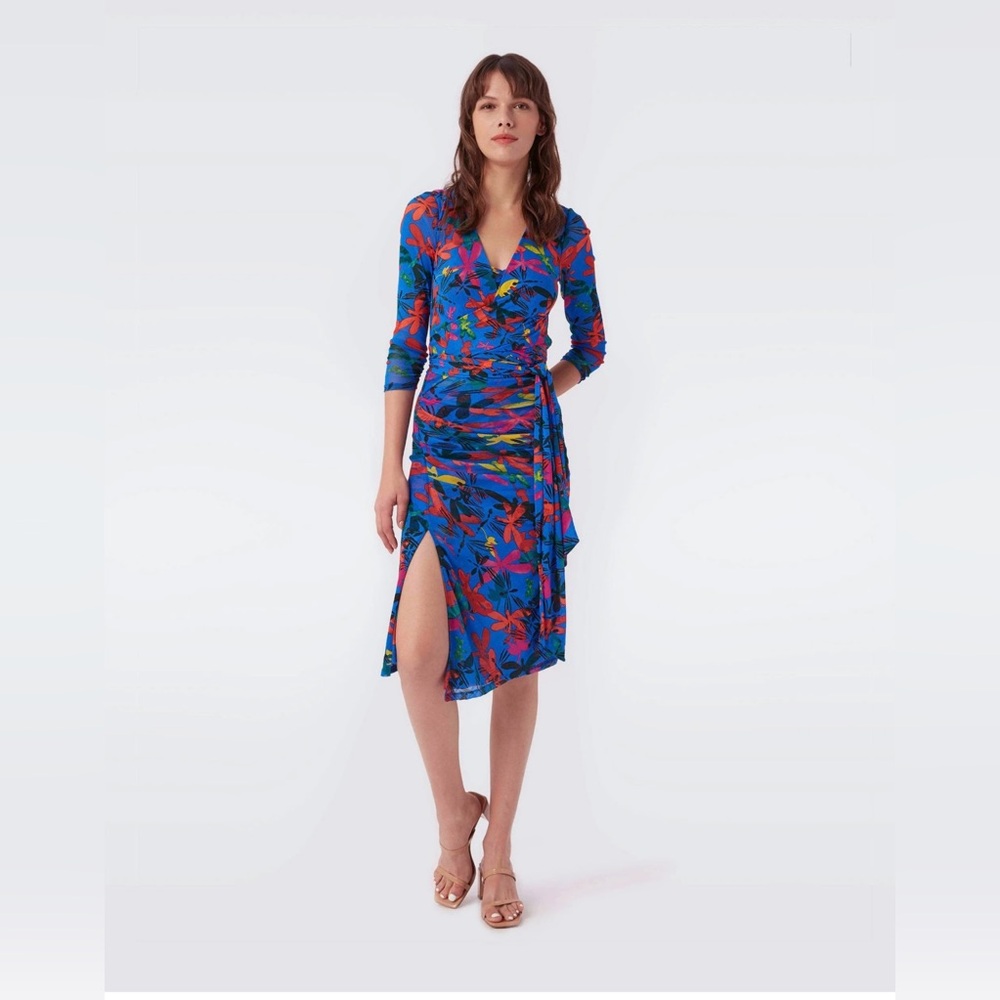 Diane Von Furstenberg LANDO PATTERNED WRAP DRESS IN LIBELLULE MEDIUM DEEP BLUE